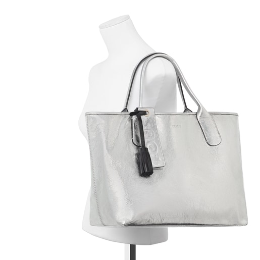 Einkaufstasche Francine Crack aus Leder in Silber