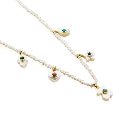 Halskette Super Power aus Perlen mit Gold und Edelsteinen