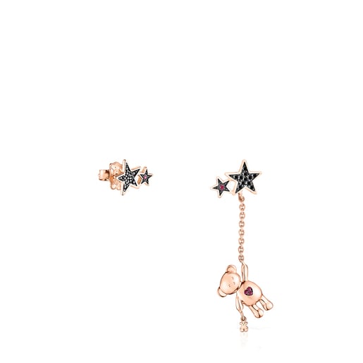 Brincos curto/comprido Teddy Bear Stars em Prata vermeil rosa, Espinélio e Rubi