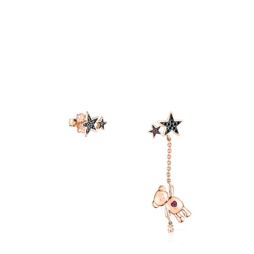 Pendientes corto/largo con baño de oro rosa 18 kt sobre plata, espinela y rubí Teddy Bear Stars