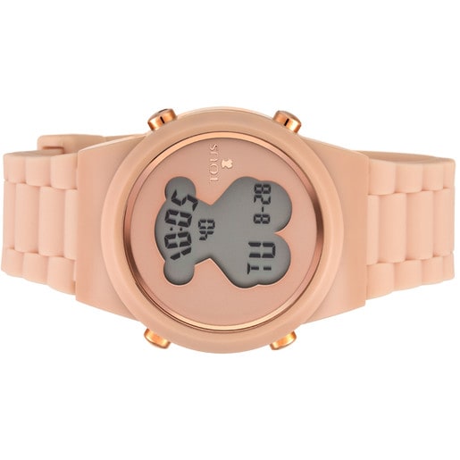ヌードカラーのシリコンバンドが付いたステンレス IP ピンクのデジタル腕時計 D-Bear