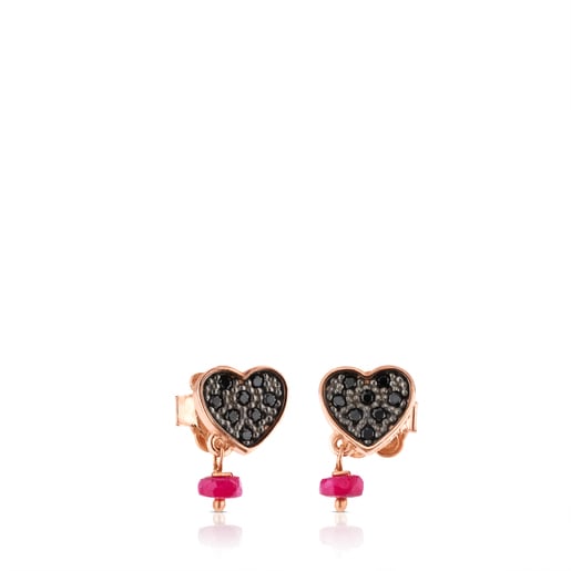 Pendientes con baño de oro rosa 18 kt sobre plata, espinelas y rubí glass filled con motivo corazón Motif