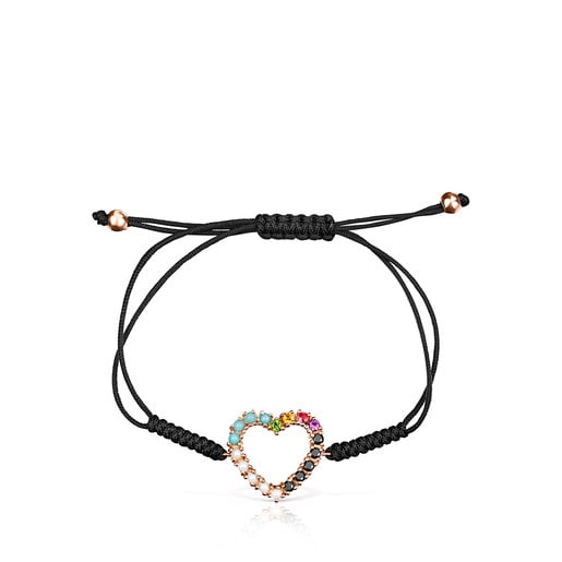 San Valentín heart Bracelet in Rose Silver Vermeil with Gemstones and black Cord