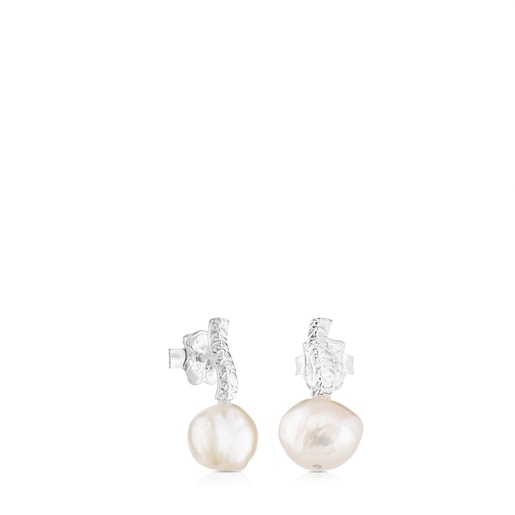 Silver Stick Earrings with Pearl