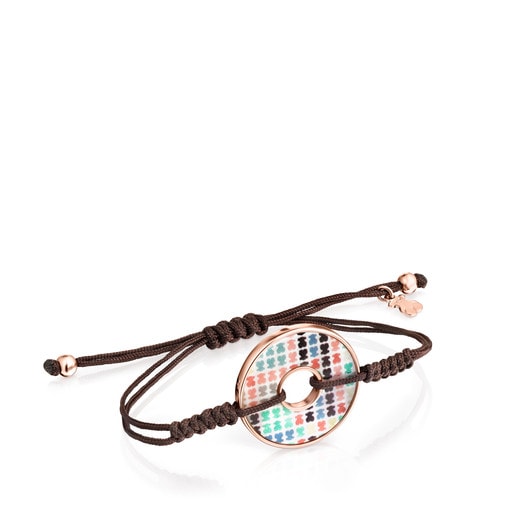 Tartan Disc Bracelet in Rose Silver Vermeil with Mother-of-Pearl and brown Cord
