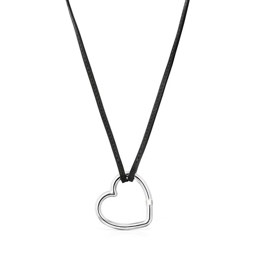 Collar largo corazón de plata y cuero negro Hold