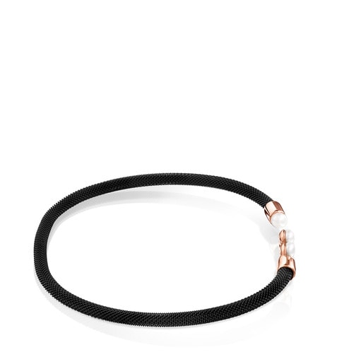 Bracelet Real Sisy en Acier IP noir et Or Vermeil rose avec Perles