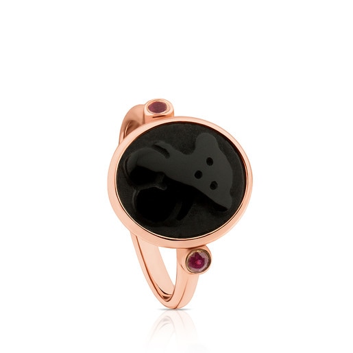 Ring Camee aus rosa Vermeil-Silber mit Onyx und Rubin