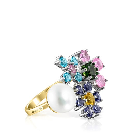 Titanium and Gold Real Sisy Ring with Gemstones and Pearl
