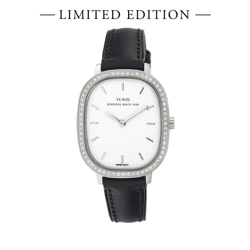 Reloj analógico con bisel de diamantes y correa de piel negra - Edición especial | TOUS