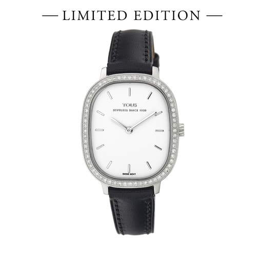 Heritage watch with diamond bezel and black leather strap - Special Edition