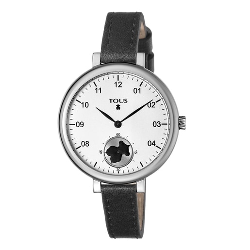 Reloj analógico Spin de acero con correa de piel negra