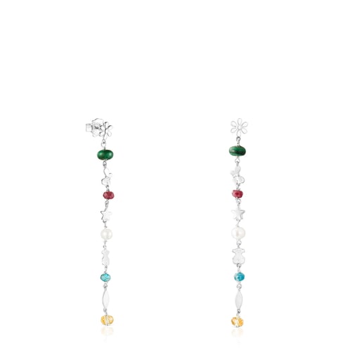 Long Silver Fragile Nature Earrings with Gemstones