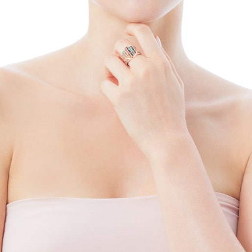 Mały pierścionek z kolekcji Tartan wykonany z różowego srebra vermeil z masą perłową