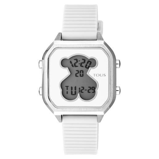 Reloj digital D-Bear Teen de acero con correa de silicona blanca