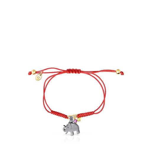 Dark Silver TOUS Good Vibes elephant Bracelet with Gemstones and red Cord