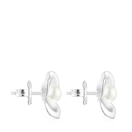 Small Silver Fragile Nature flower Earrings with Pearl | TOUS