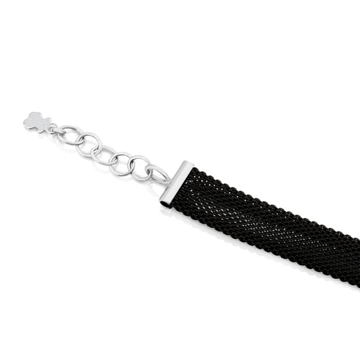 Black IP steel and White gold TOUS Icon Mesh Bracelet with Diamonds Bear motif 0,8cm. 0,20ct