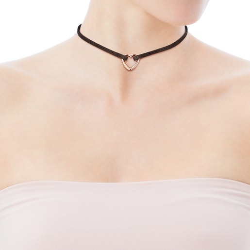 Collar Hold corazón con baño de oro rosa de 18 kt sobre plata y Cuero marrón