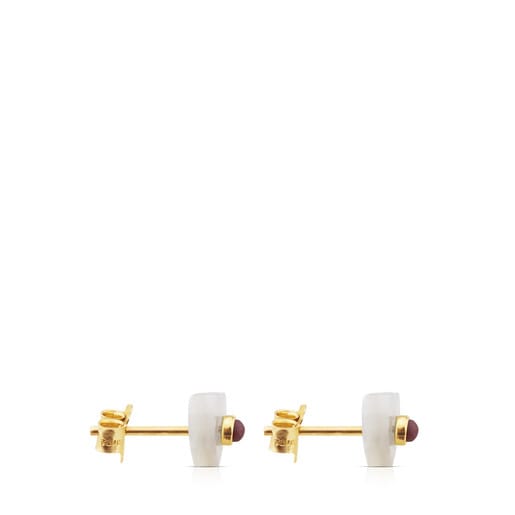Gold Super Power Earrings with Mother-of-pearl and Chalcedony