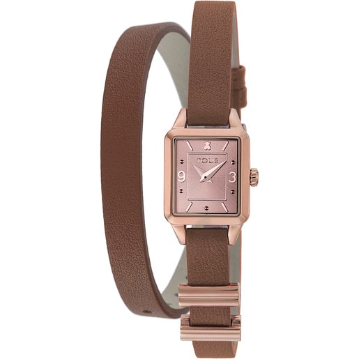 Pink IP Steel View Watch with brown Leather strap