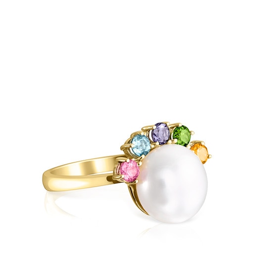 Ring Real Sisy aus Gold mit großer Perle und Edelsteinen