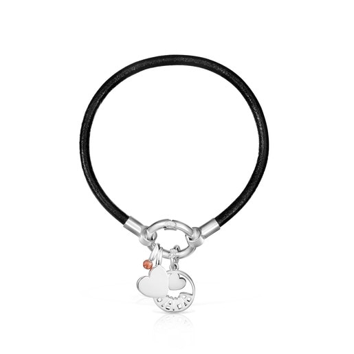 TOUS Mama heart Bracelet in Silver, Garnet and black Leather