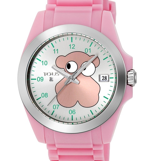Steel Drive Fun Face Watch with pink Silicone strap