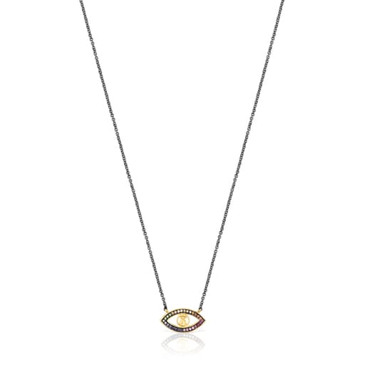 Silver Vermeil and Dark Silver TOUS Good Vibes eye Necklace with Gemstones