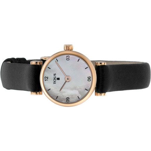 Pink IP Steel Camille Watch with Mother-of-pearl and black Leather strap
