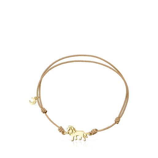 Pulsera leon con bano de oro 18 kt sobre plata y cordon beige Save TOUS