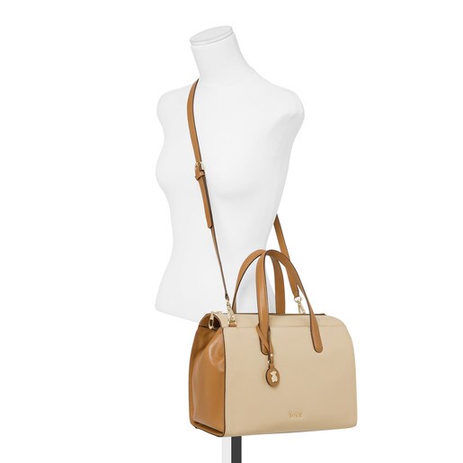 レザーブラウン - ベージュの革製ボウリングバッグ Rose Bear