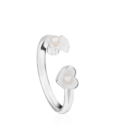Silver TOUS Super Power Ring with Pearls Bear and Heart motifs