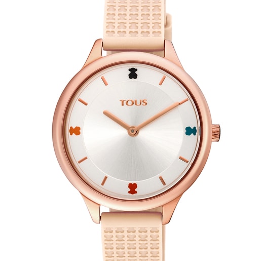 ヌードのシリコンストラップが付いたピンクのイオンプレーティングスティールの腕時計 Tartan