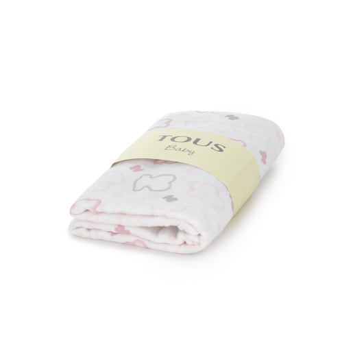 Muslin Blanket with Bears and Flowers in pink