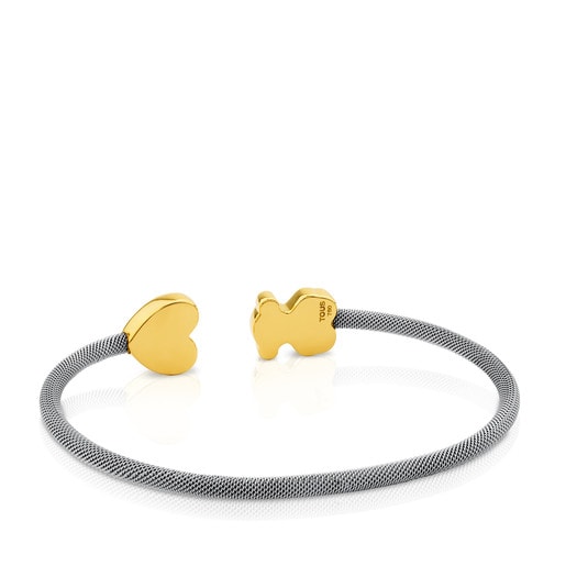 Steel and Gold TOUS Icon Mesh Bracelet with Bear and Heart motifs 1,15cm.