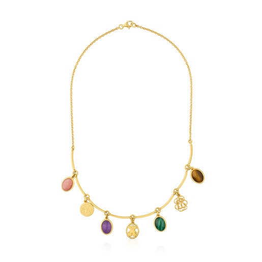 Vermeil Silver Camee Necklace with Gemstones 