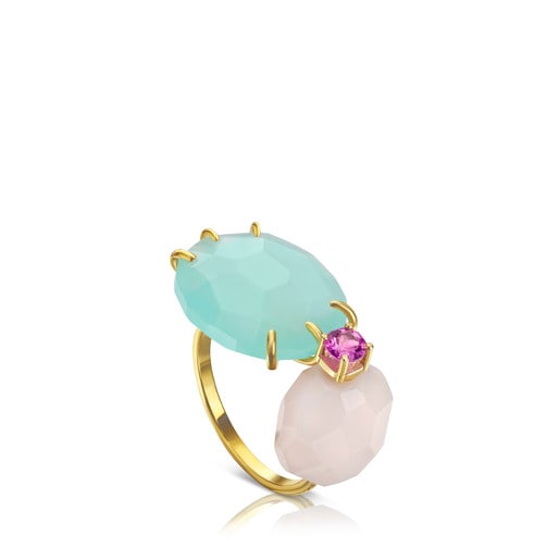 Gold Ethereal Ring with Chalcedony, Ruby and Opal