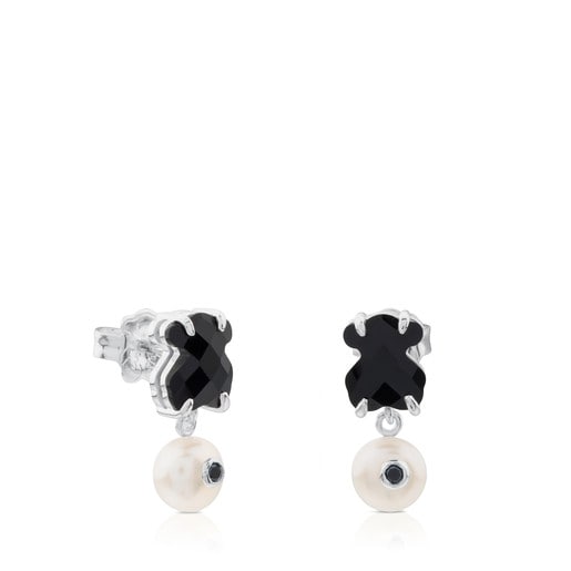 Silver Erma Earrings with Onyx, Pearl and Spinel