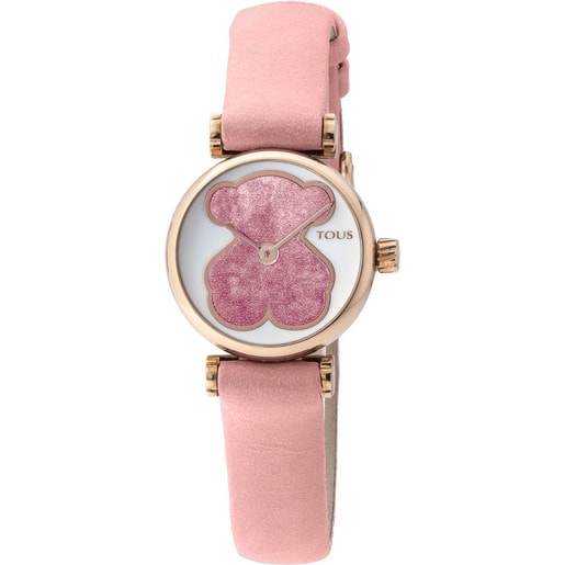 Rellotge analògic Camille d'acer IP rosat amb corretja de pell rosa