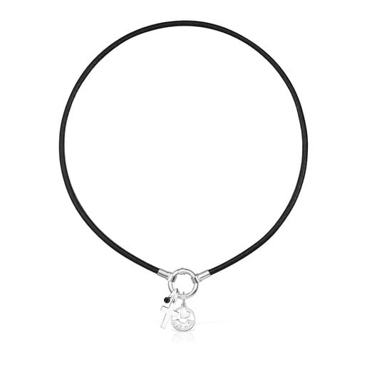 TOUS Mama cross Necklace in Silver, Onyx and black Leather