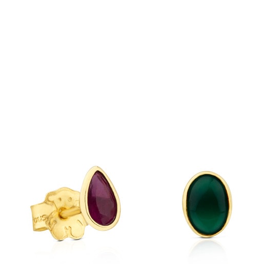 Gold Gem Power Earrings with Ruby and green Agate