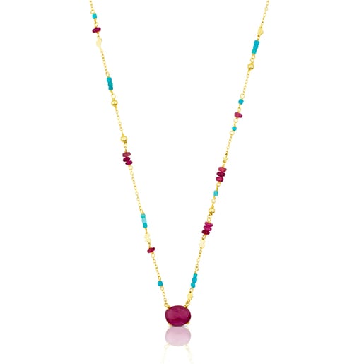Gold Miamix necklace with Ruby and Turquoises