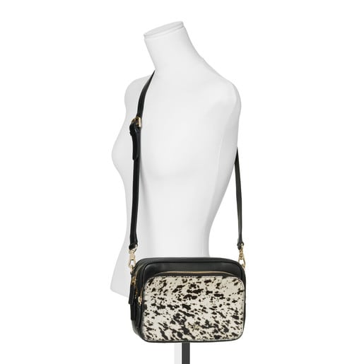 ホワイト - ブラックの革製ショルダーバッグ Lanis