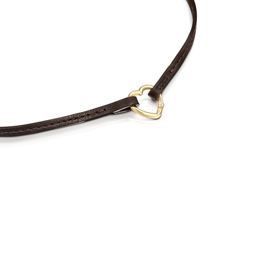 Hold Gold heart and brown Leather Necklace | TOUS