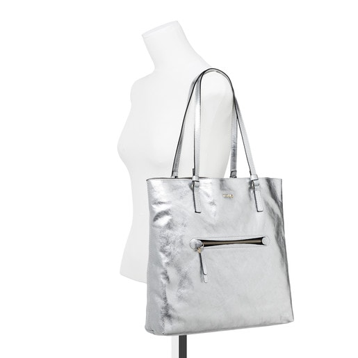 Large silver colored Leather Tulia Crack Shopping bag