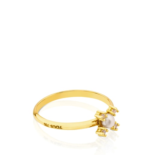 Gold Eklat Ring with four Diamonds and Pearl