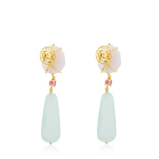 Gold Ethereal Earrings with Chalcedony, Ruby and Opal