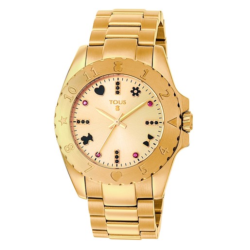Steel Motif Watch with gold IP and spinels