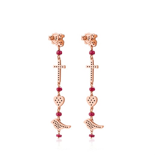 Rose Silver Motif Earrings with Spinel and Ruby